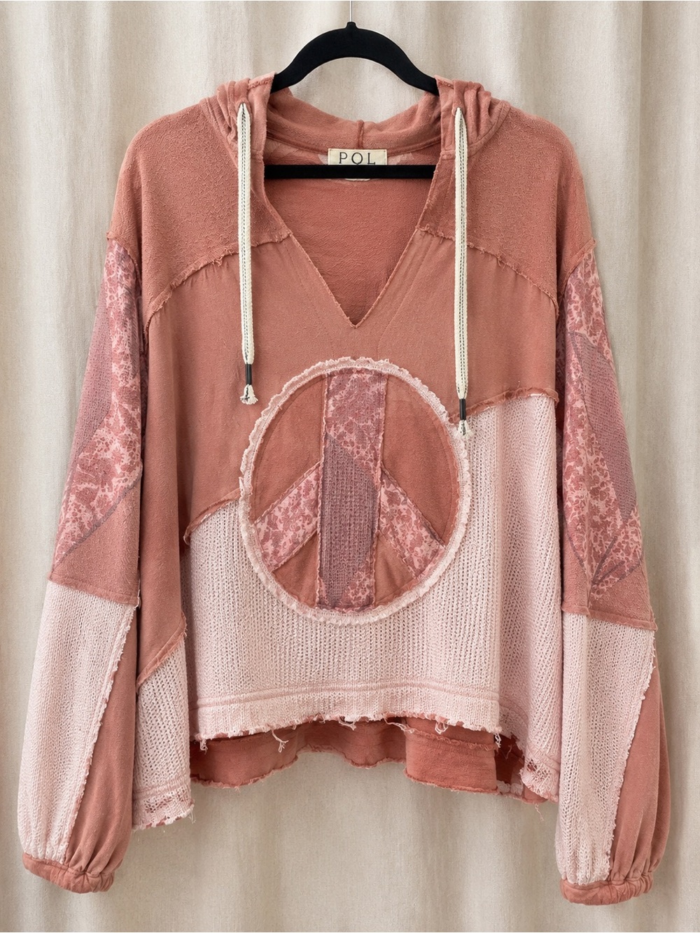 195🌟 POL Peace Sign Patchwork Hoodie | Oversized Boho Mixed Media Pullover |